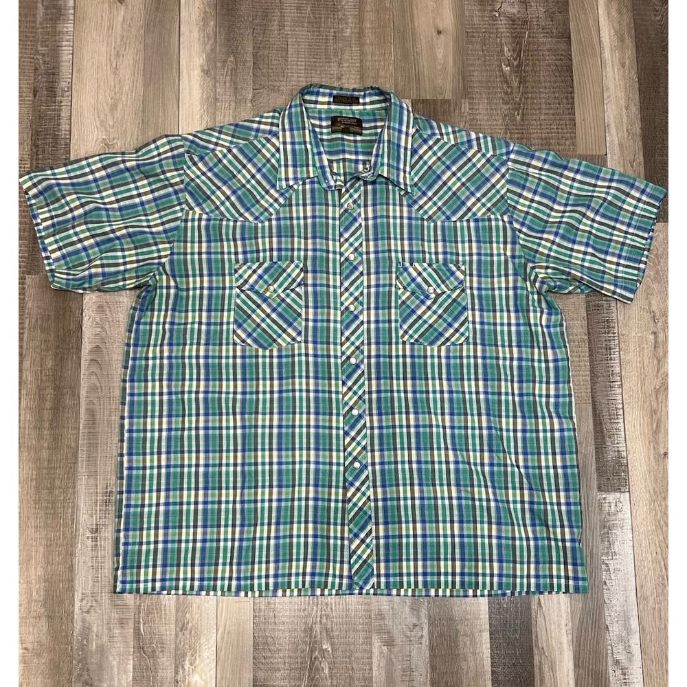 Outlaw Western Wear Vintage Pearl Snap Western Shirt Blue Plaid Size‎ 2X Big